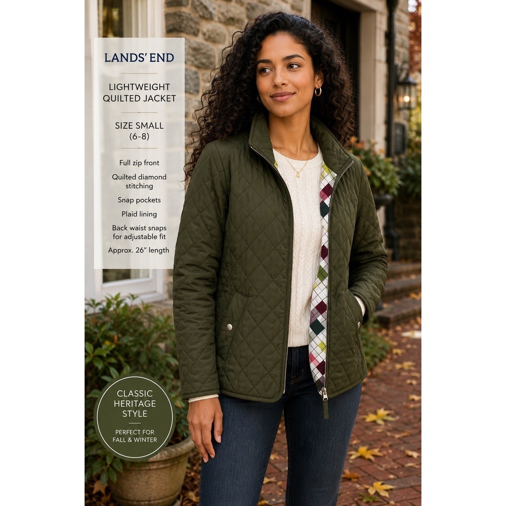 Lands' End Lightweight Quilted Jacket Olive Green Small 6-8 Full Zip Heritage